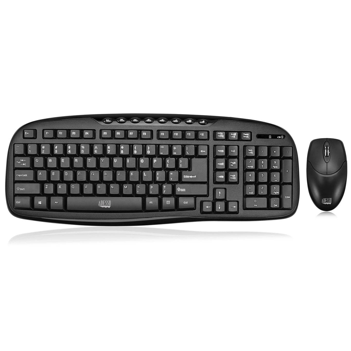 Adesso WKB-1330CB - Wireless Keyboard and Mouse Combo Desktop Keyboard Ambidextrous Mouse Multimedia Hotkeys Long Battery Life with USB Nano Receiver for Desktop/PC/Windows XP/7/8/10Black