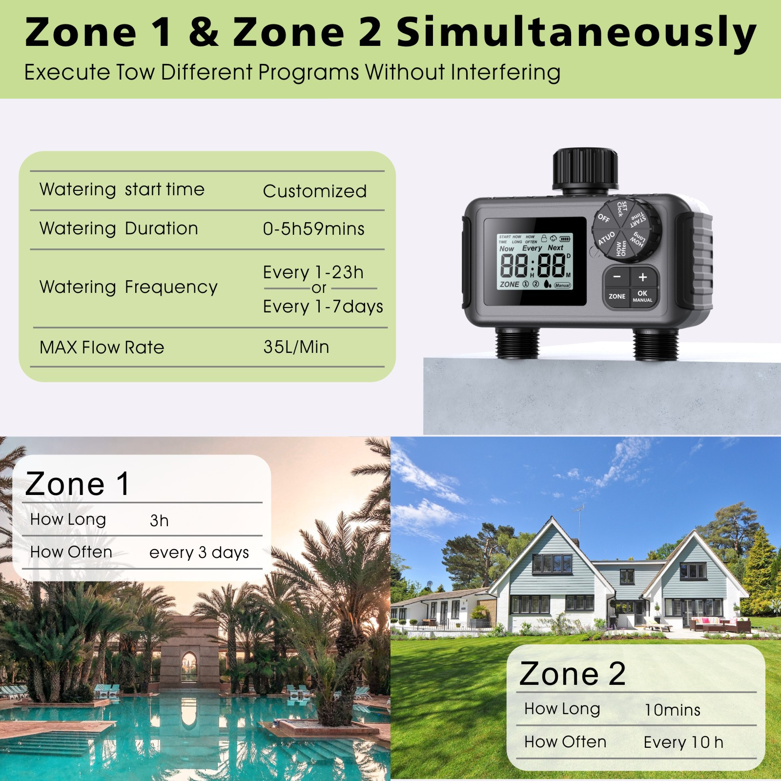 Temporizador de riego automático dual con programación personalizada y dos zonas de riego simultáneo.