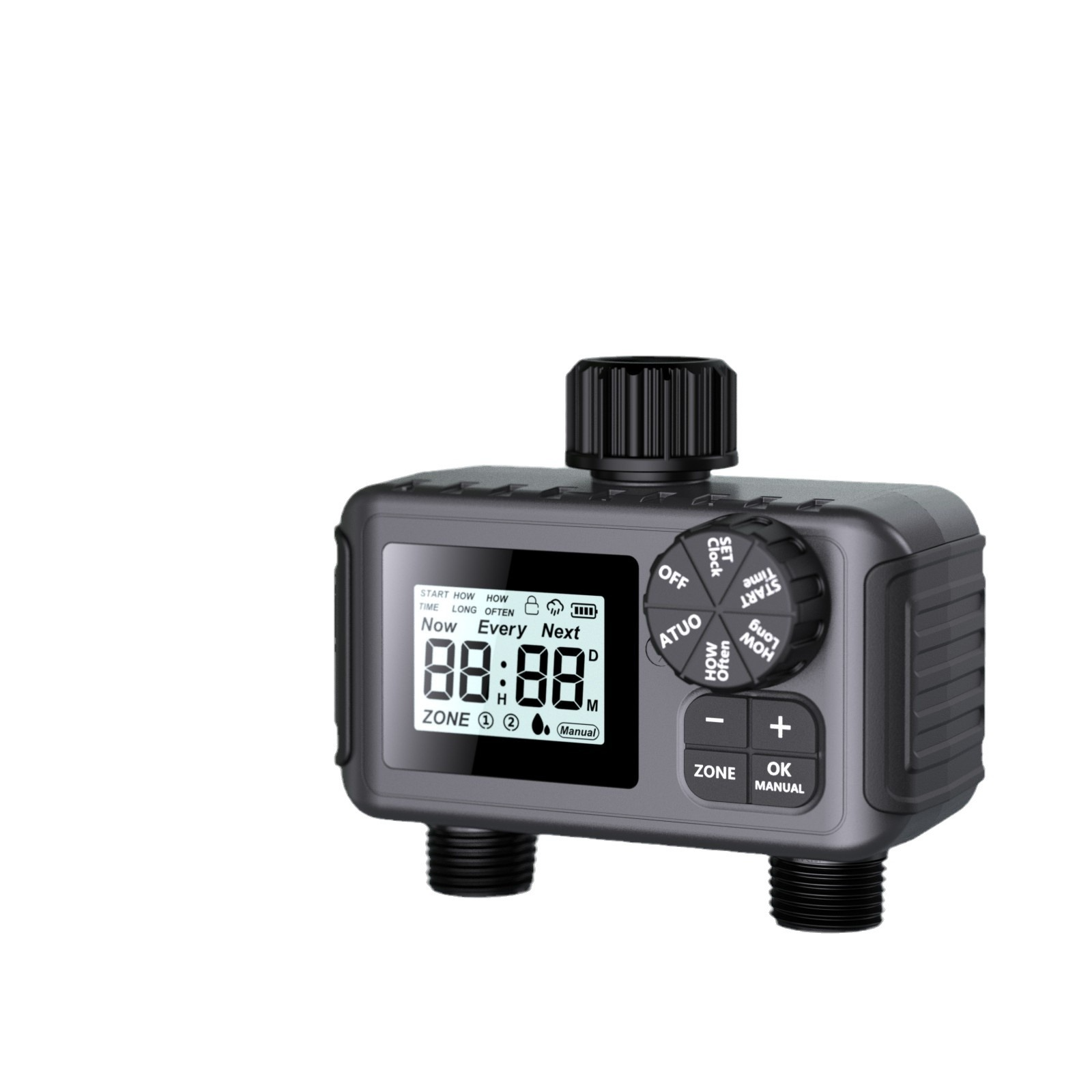 Temporizador de riego automático dual con pantalla digital y configuraciones de riego ajustables.