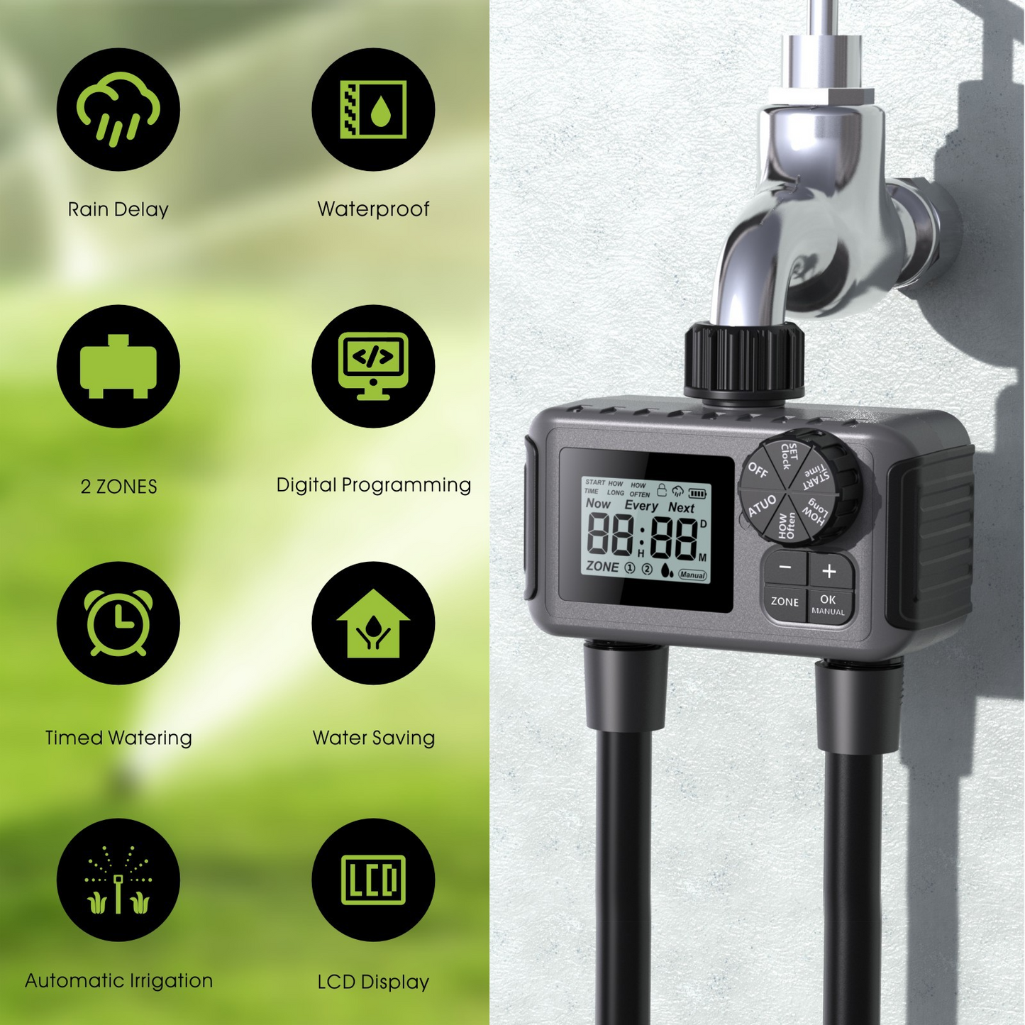 temporizador de riego automático dual con programación digital y pantalla LCD, ideal para riego eficiente.